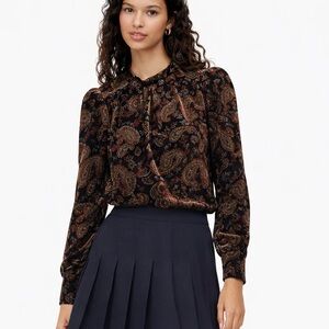 BODEN Mutton Sleeve Black Velvet Paisley Passion Blouse Holiday Print Size 10